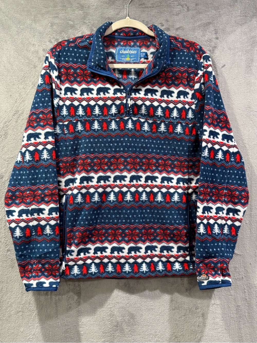 Chubbies Bearly Wild Fleece 1/4 Zip Men's M Red White Blue Nordic Fair Aisle